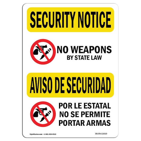 OSHA Security Sign, 3.5" Height, 5" Width, No Weapons By State Law Bilingual, Landscape, 10PK